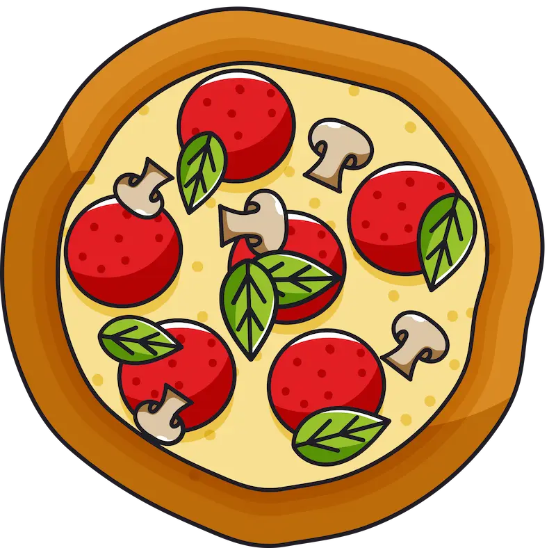 cała okrągła pizza z pieczarkami, pomidorami i bazylia - styl kreskówkowy